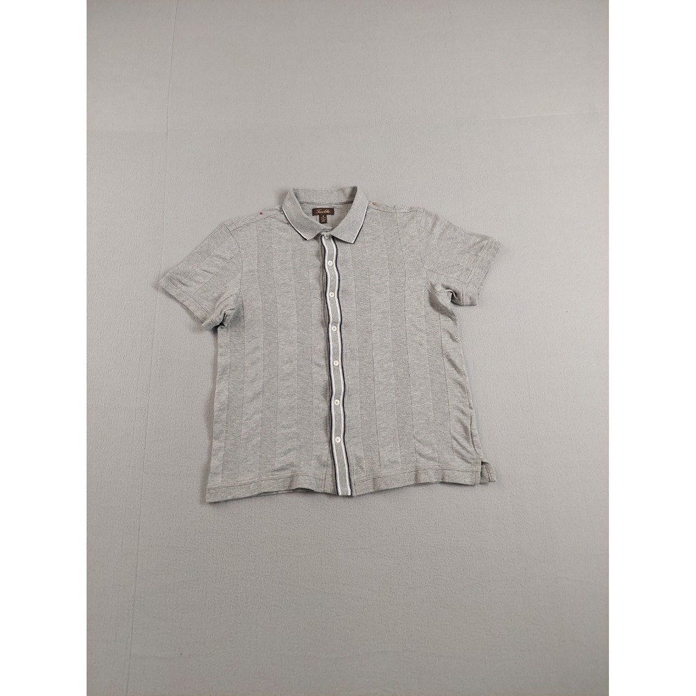 Tasso Elba Men Polo Shirt M Gray Striped Button Down Short Sleeve Collar‎ Casual
